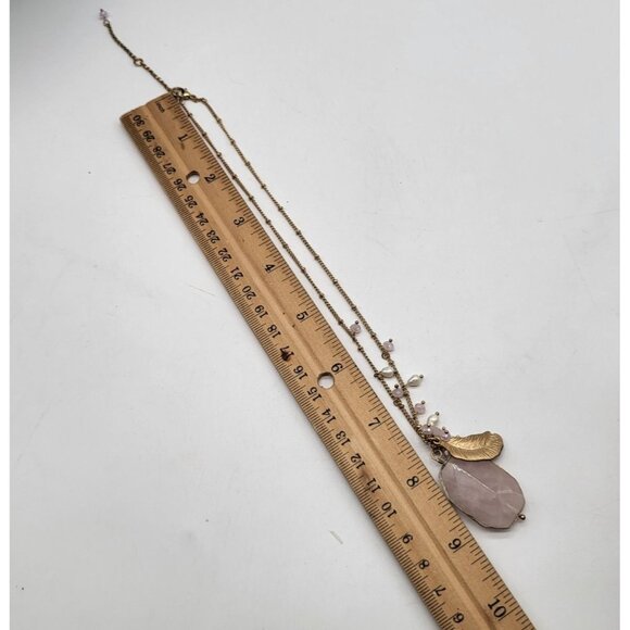 CÄRA Necklace Pearls Wire Wrapped Pink Quartz Gold Feather Charm Gold Tone - Picture 8 of 9